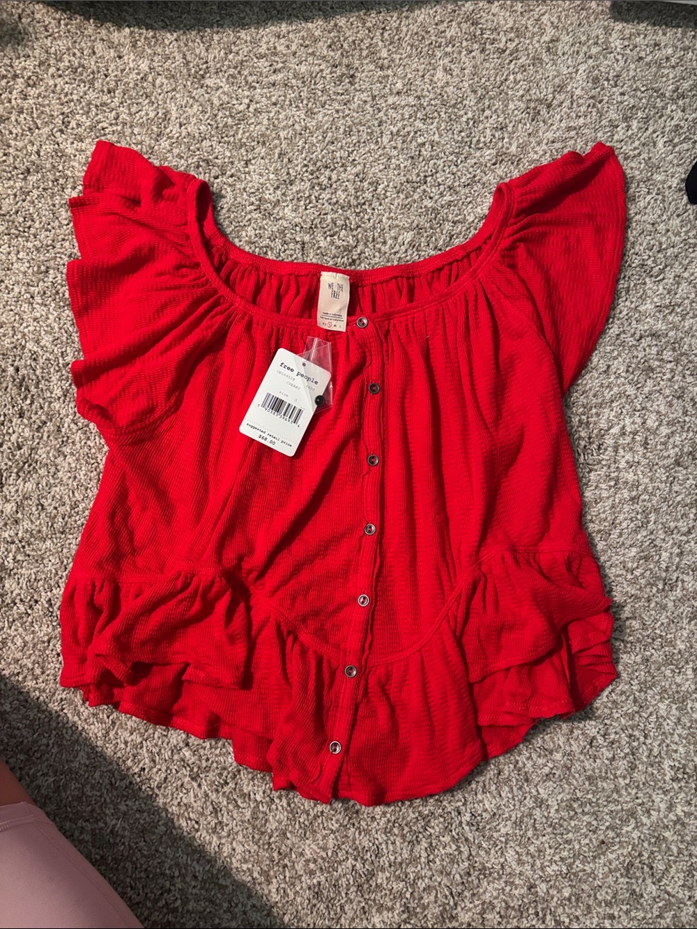 Free People Red Ruffle-Trim Button Front Top